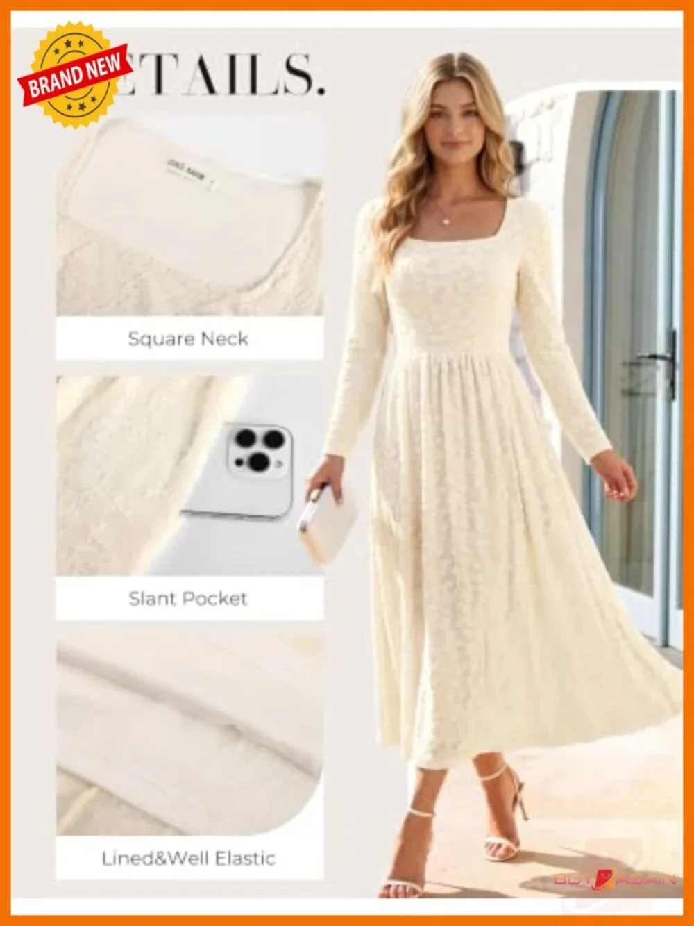 Women's Long Sleeve Midi A-Line Dress Square Neck with Pockets